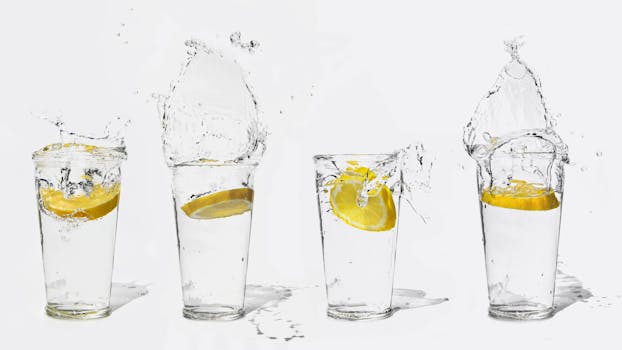 Four glasses with lemon slices creating splashes of water on a white background.