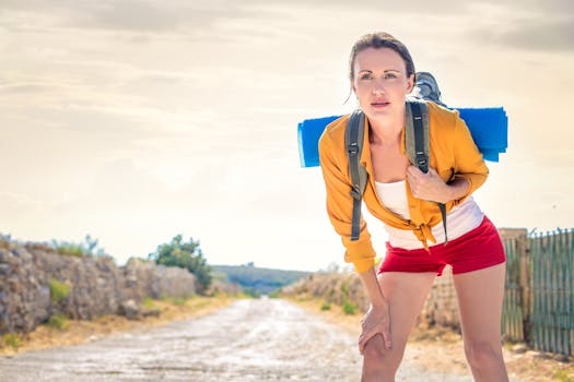 A young woman with a backpack pauses on a rural dirt road while hiking outdoors on a bright sunny day.